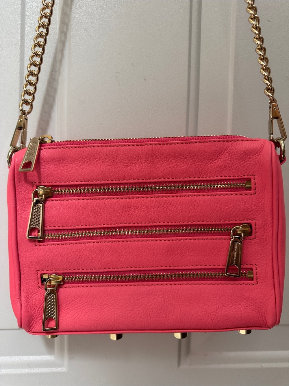Rebecca Minkoff Coral-Pink Leather Crossbody with Gold Chain Strap